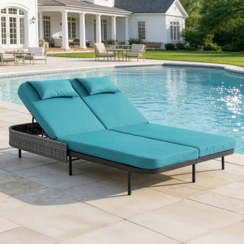 Outdoor Wicker 2-Person Double Chaise Lounge with Cushions, 6-Position Adjustable Backrests, Teal