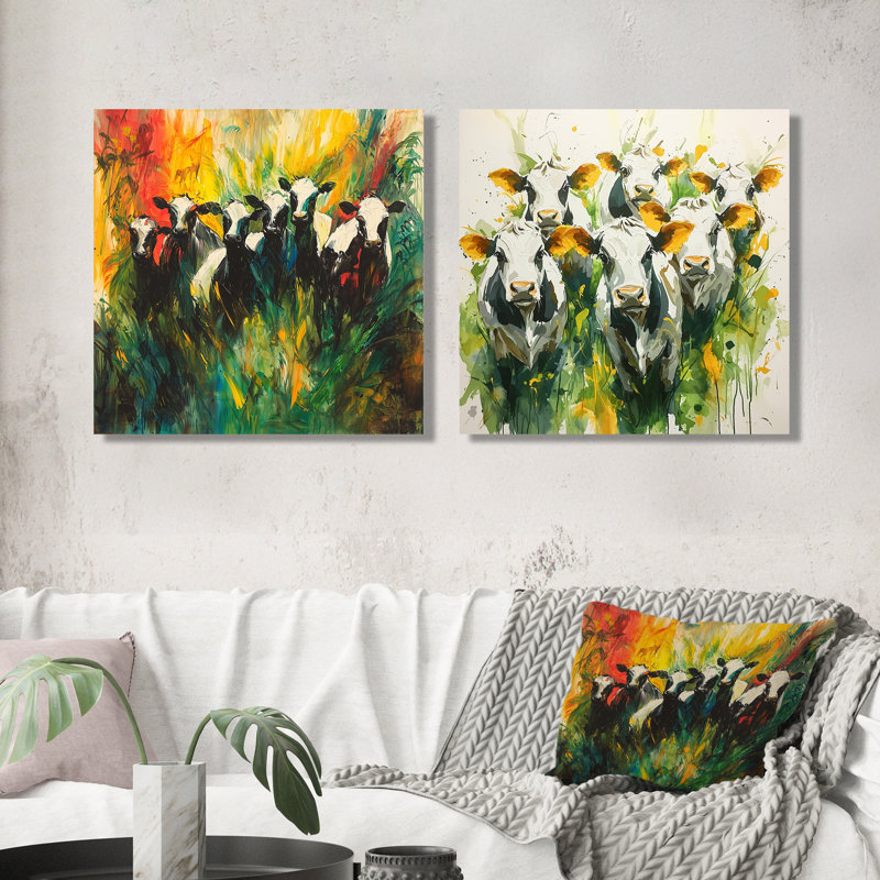 Abstrait «Herd Cow I» - Art mural animal de vache - décoration murale moderne 2 pièces, H 16 po x l 33 po, Ne s’applique pas