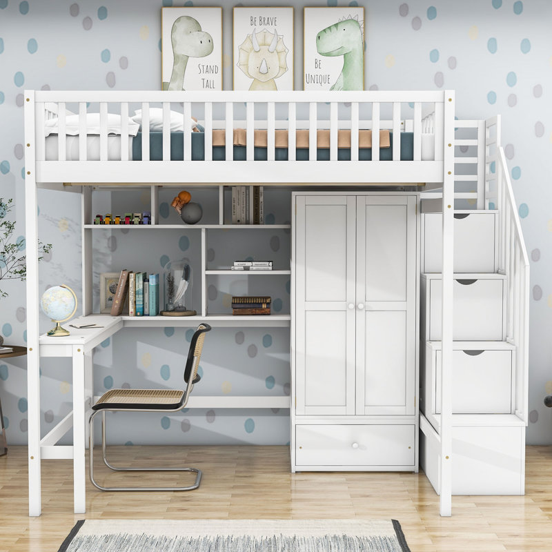Idalina 1 Drawer Wood Loft Bed with Built-in-Desk, Shelves and Wardrobe, Gray, Full