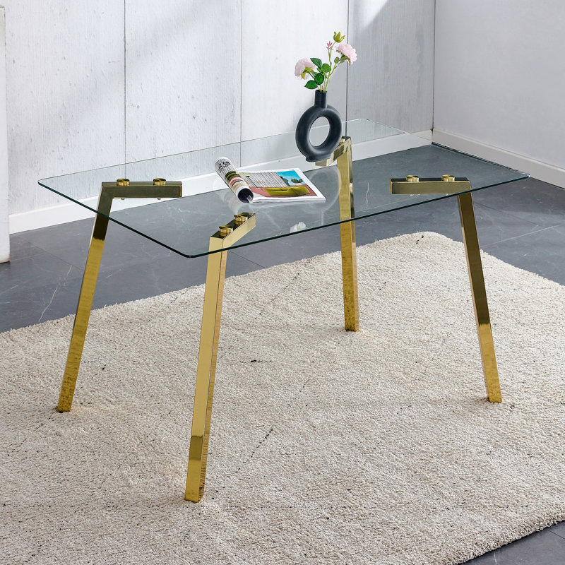 Table de salle à manger moderne moderne minimaliste avec plateau en verre trempé et pieds en métal doré, Doré