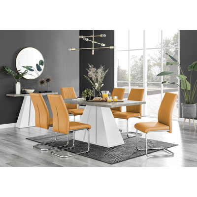 Athena Modern Marble Effect & High Gloss Dining Table Set with 6 Upholstered Faux Leather Chairs