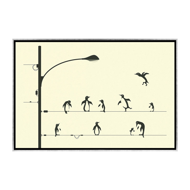 «Penguins on a Wire», art encadré, H 40 po x l 60 po x P 1,5 po, Toile avec cadre argenté