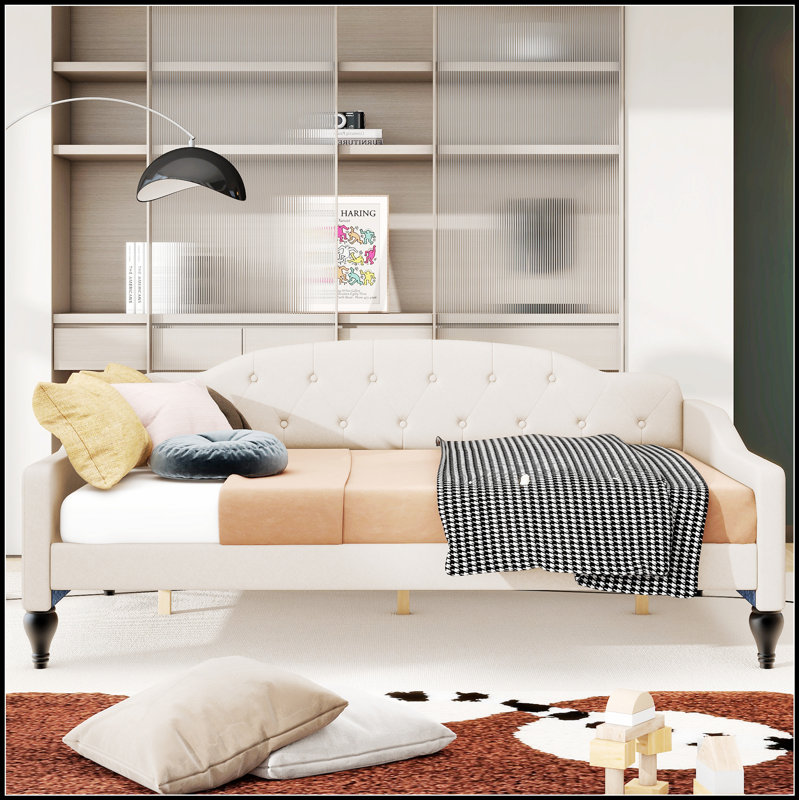 Upholstered Tufted Daybed with Durable Linen Fabric and Stylish Wing-Back Design for Versatile Living Spaces