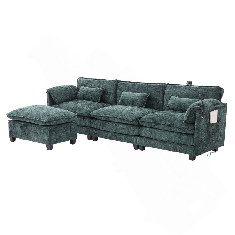 112" Modern Upholstery Sofa with Movable Storage Ottoman, Phone Holder, USB Charging Port , Emerald