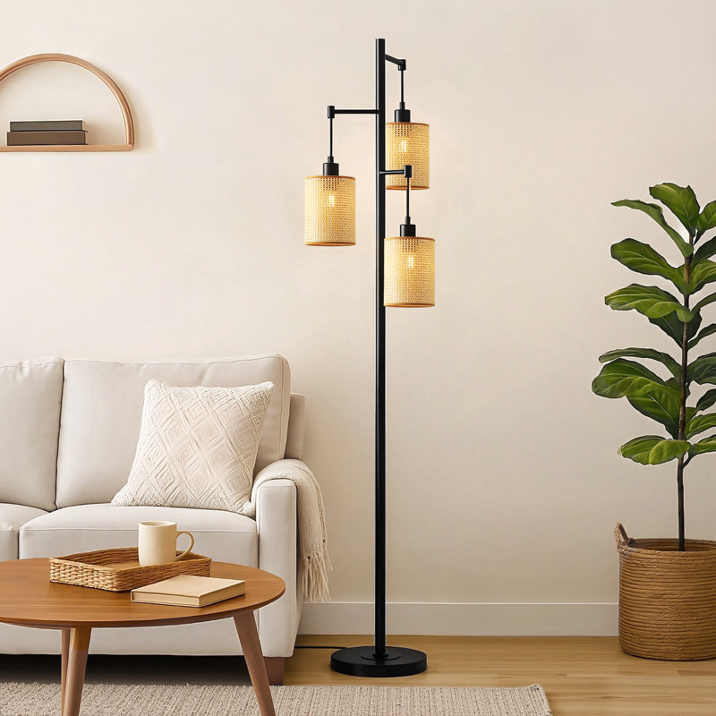 Ashmum 68.9" Rattan Tree Floor Lamp, Beige