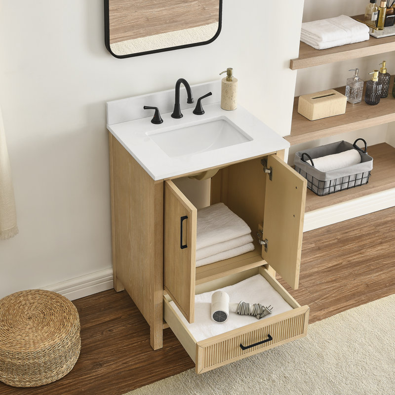 Lineberger 24'' Bathroom Vanity In Fluted Baltic Birch Finish With Carrara White Engineer Stone Countertop