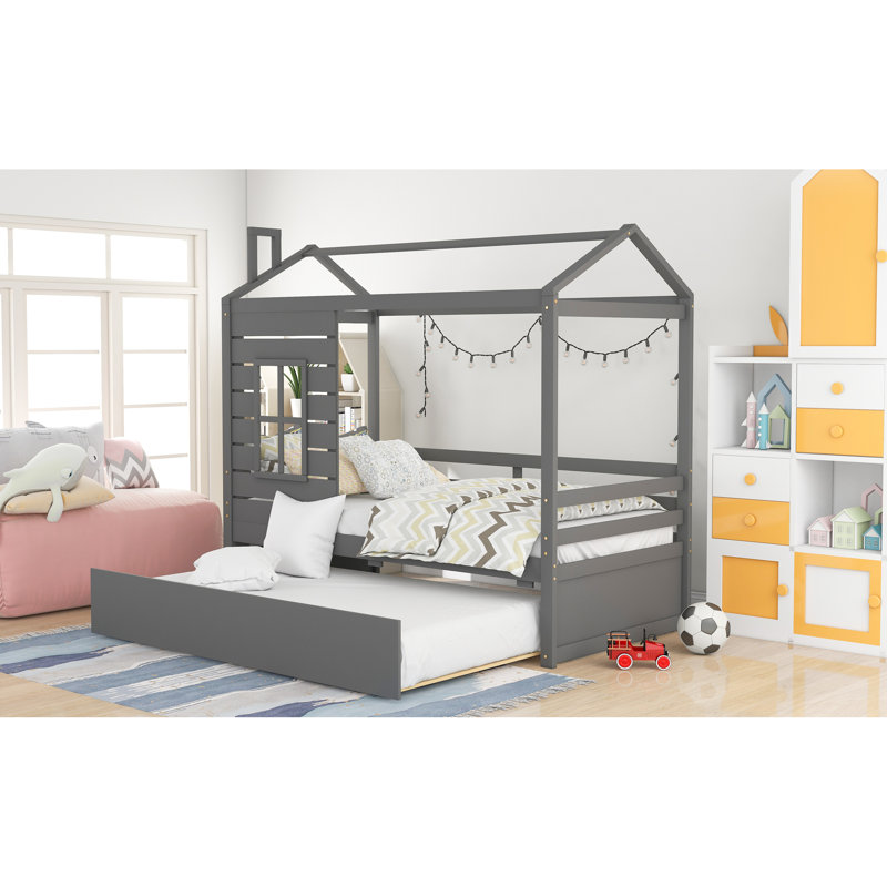 Lit simple en bois avec lit gigogne simple, gris