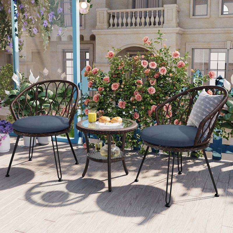 Ensemble de loisirs d'extérieur, 2 chaises simples en rotin avec table ronde en verre, Bleu, Brun
