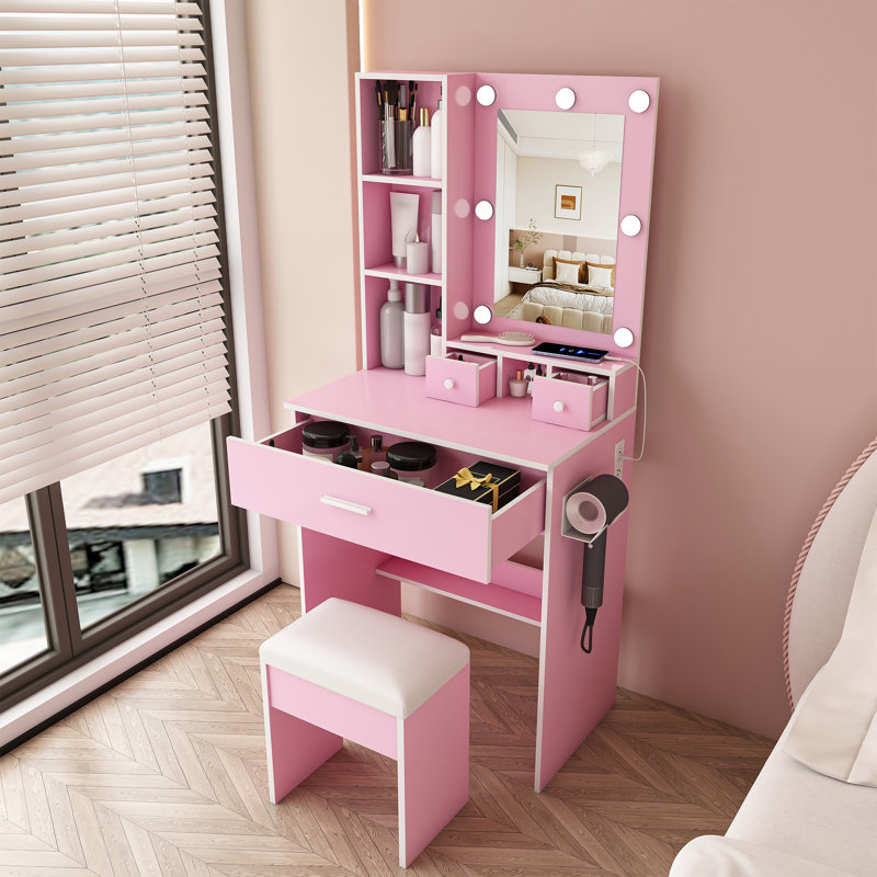 Coiffeuse rose avec miroir et lumières DEL, bureau de maquillage avec prise de courant, support pour sèche-cheveux et tabouret rembourré