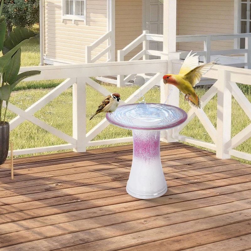 Bain d'oiseaux de patio en céramique ombrée rose, finition lisse et lustrée, givré et chauffant, 18,02 po de hauteur en céramique pour pelouse avec motif, stable, 17,32 de large