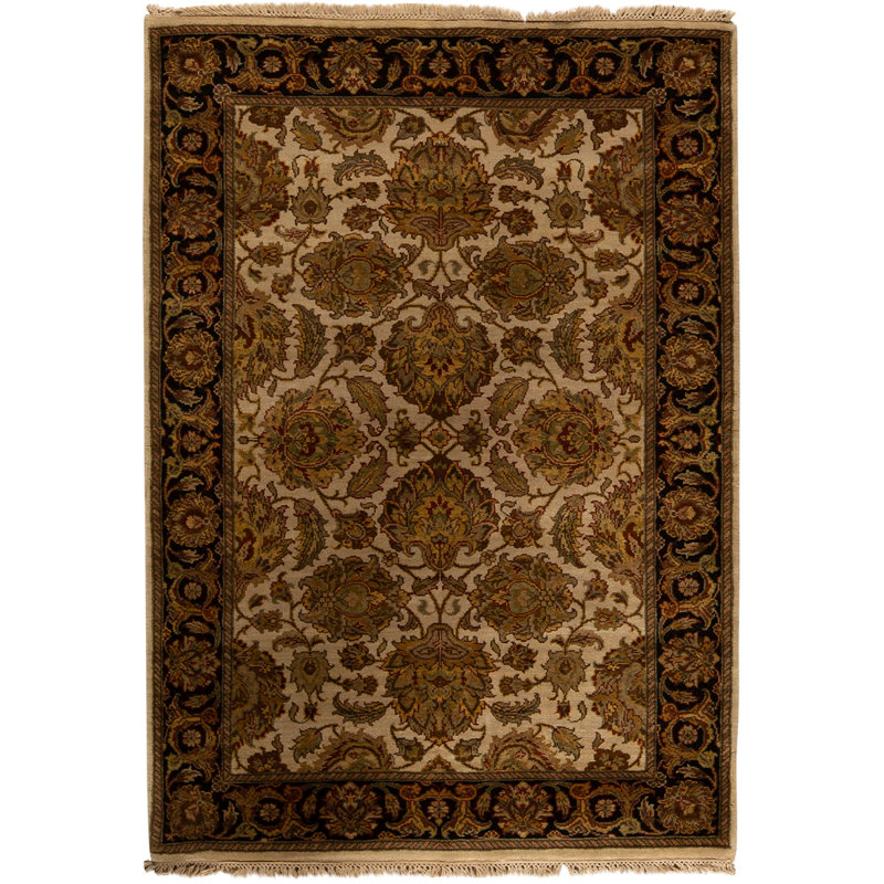 Tapis ivoire / noir / brun / vert de haute qualité noué à la main