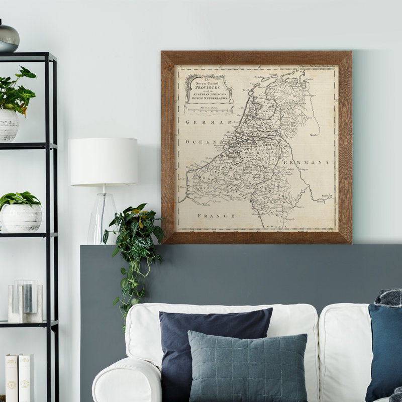 Carte des Pays-Bas - reproduction d'impression, H 31,5 po x l 31,5 po x P 1,5 po, Toile avec cadre érable