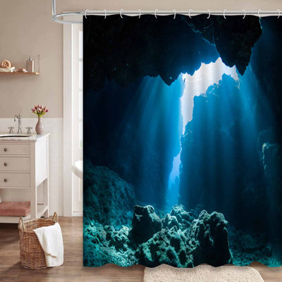 Sun Light Underwater Sea Deep Ocean Floor Adventure Rock Cave Dark Sunbeam Shower Curtain with 12 Hooks