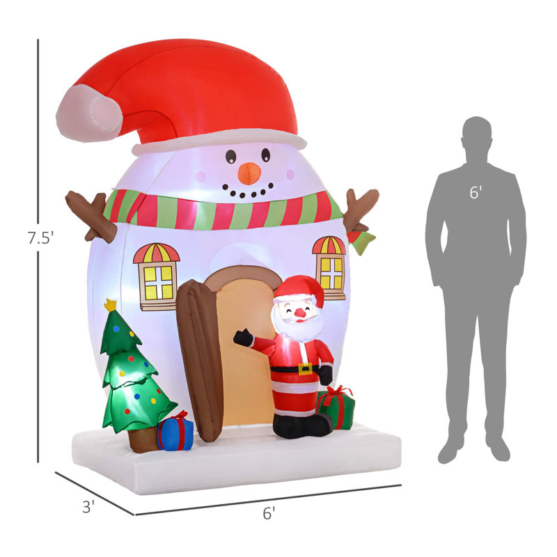 Maison de bonhomme de neige gonflable de 7,5 pi avec père Noël, arbre de Noël et lumières DEL