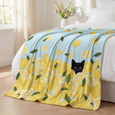 Spring Summer Flannel Blanket Throw, Lemon Cat Blue Yellow Green Soft Fuzzy Plush Cozy Fleece Blankets for Couch Sofa Bed Lounging, Ideal Gifts for Adults Self, 50x60
