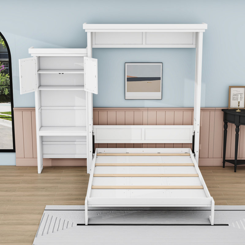 Grand lit escamotable en bois avec tablettes de rangement multifonctionnelles et lattes intégrées, Blanc