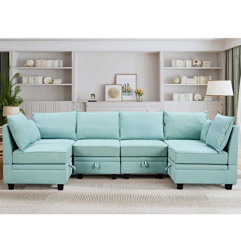 Ryilee Upholstered U-Shaped Sectional Symmetrical, Light Green 100% Linen