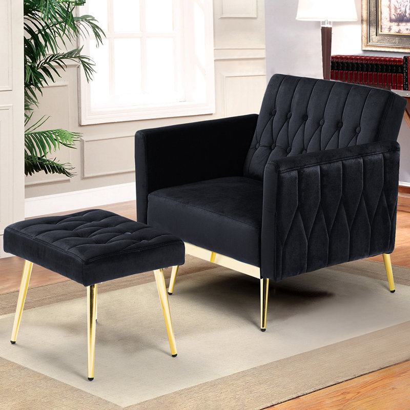 Siemon Velvet Accent Chair with Ottoman, Black Velvet