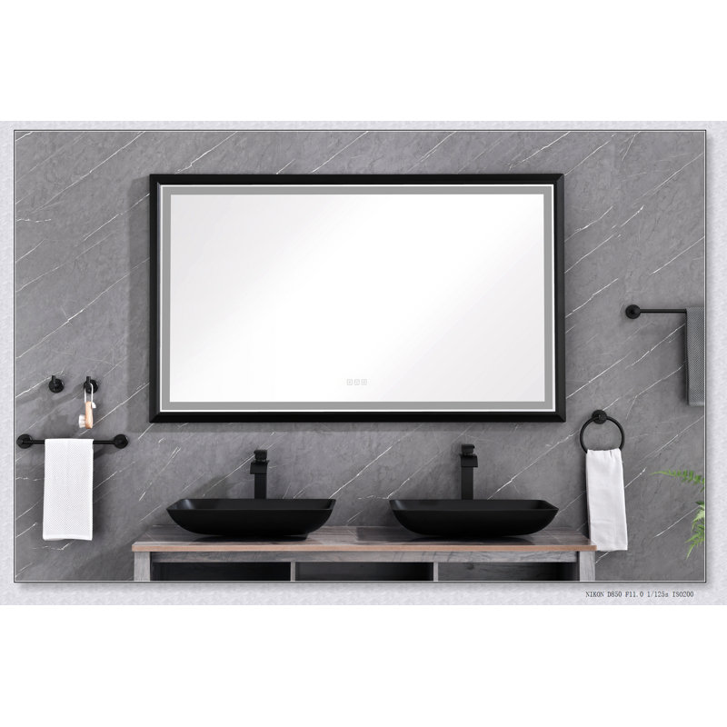Miroir de salle de bain 60 po x 36 po à DEL avec cadre en aluminium, miroir de meuble-lavabo mural, anti-buée, mémoire, 3 couleurs, réglable en continu