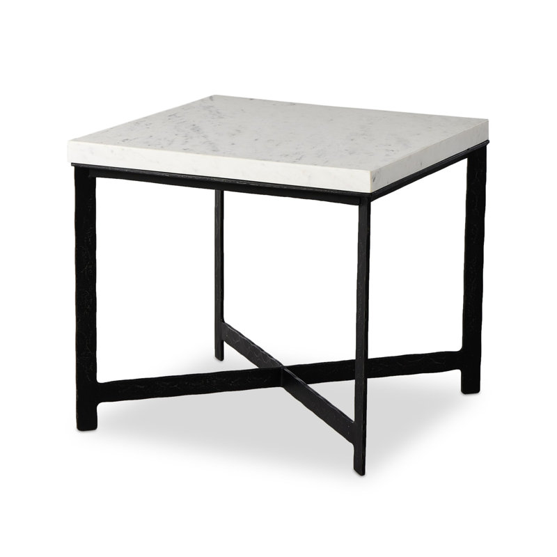 Hammered Iron End Table-White Marble, White Top/Black Base