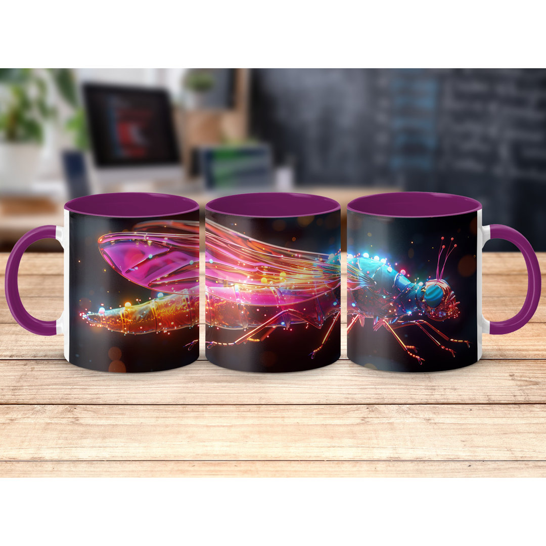 Set of 3 Colourful 3D Design 11oz Accent Mugs – White Ceramic Coffee Cups with a Purple Handle and Interior