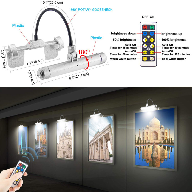 Lampe pour tableaux sans fil, lampe d'exposition rechargeable, cadre suspendu à pince, lampe d'art DEL avec minuterie, lampe de peinture à intensité variable, 3 modes d'éclairage, (Argent)