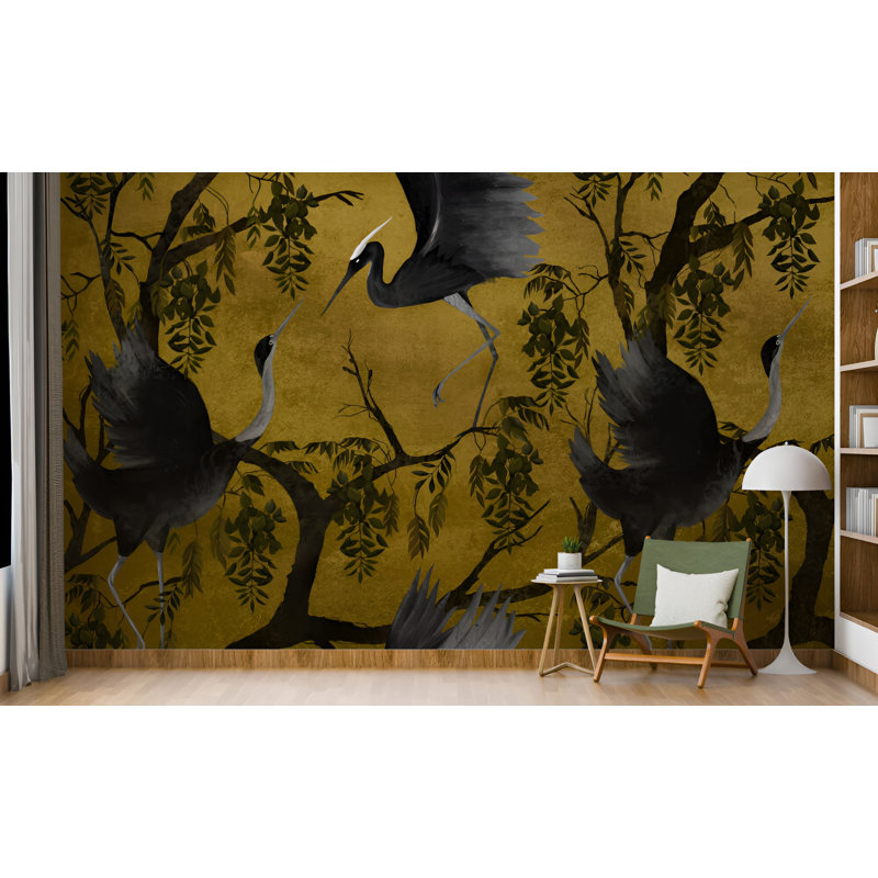 Murale de papier peint vert olive foncé avec motif de branche d'arbre botanique, L 80 po x l 120 po