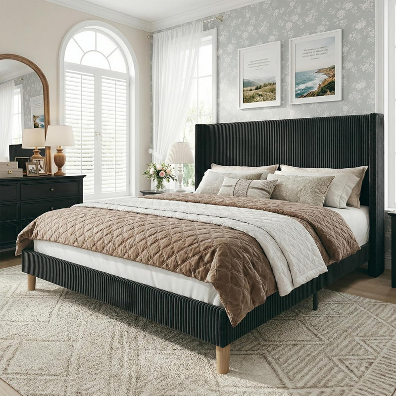 Upholstered Bed Frame With Tall Headboard, King, Black