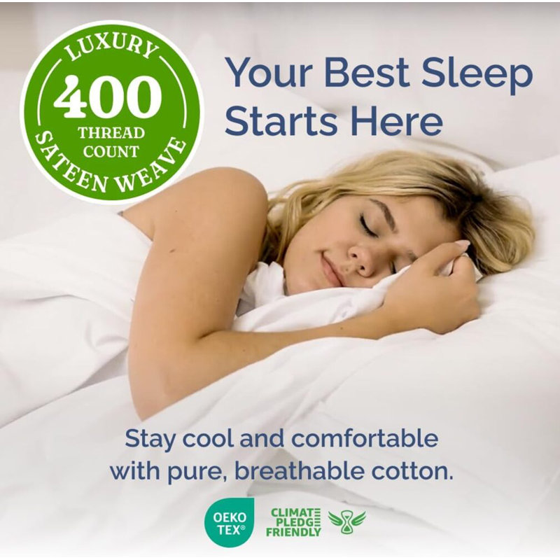 100% Cotton Sheet Set, 400 Thread Count Hotel Luxury Bedding, Soft & Breathable Bed Sheets, 4 Piece Set, White