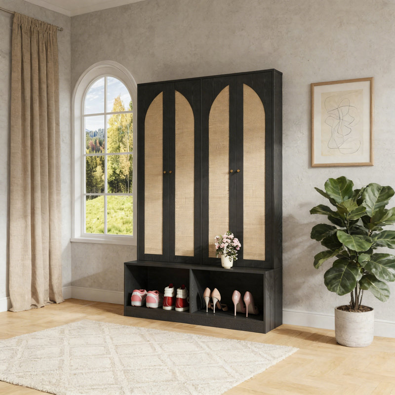 Arbre d'entrée de style campagnard avec portes en rotin, banc d'entrée 4 en 1 avec 6 crochets, armoire à chaussures Mid-Century avec tablettes réglables