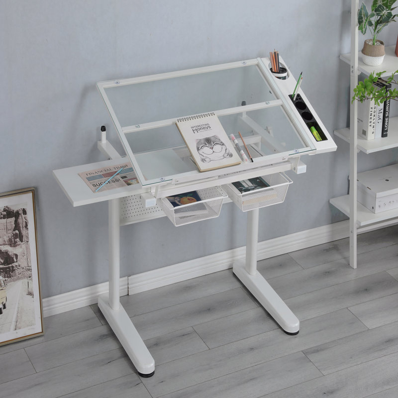 Hand Crank Adjustable Drafting Table Drawing Desk With 2 Metal Drawers (White)With Stool