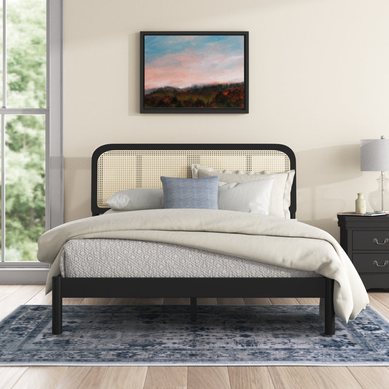 Blomquist Solid Wood Platform Bed with Rattan Inset Headboard, Queen, Black