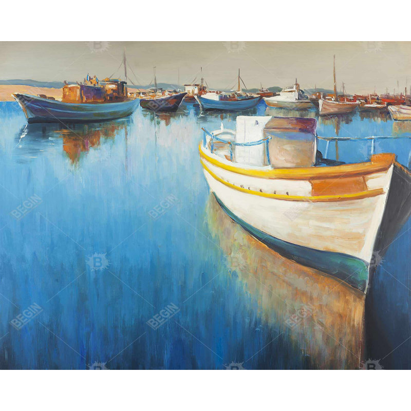 "Bateaux de pêche à la marina" sur, H 48 po x l 60 po