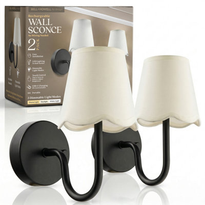 Bell + Howell Rechargeable Wall Light Sconce 2 Pack with Scalloped Fabric Shade and Dimmable - Back