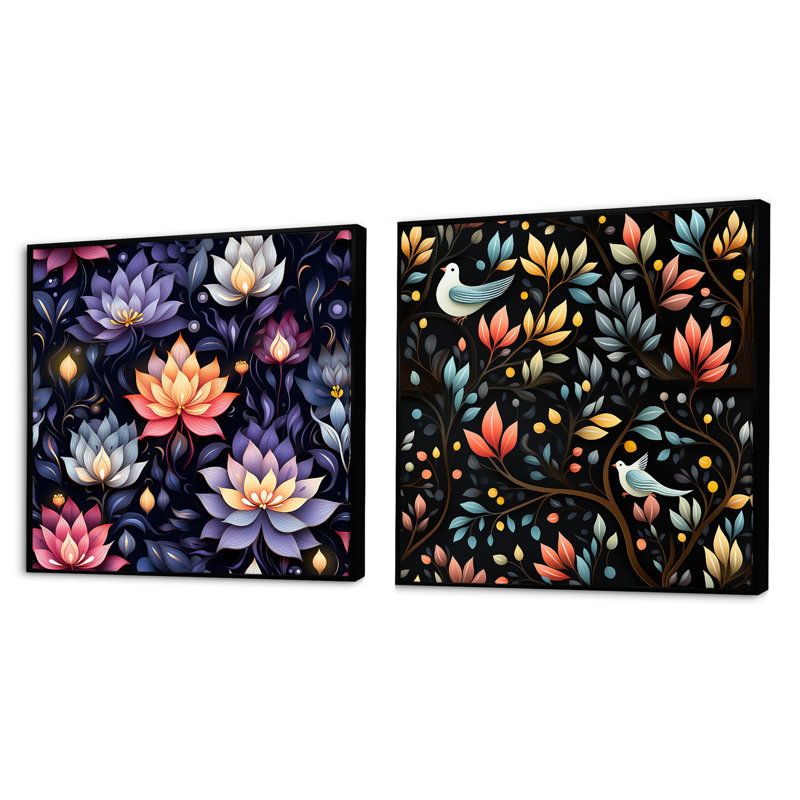 Privette - Ensemble de 2 collages carrés botaniques abstraits, Cadre flottant noir, H 16 po x l 33 po