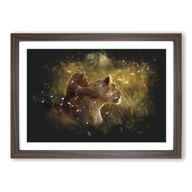 Lioness with Lion Cub - Picture Frame Graphic Art on MDF, Walnut Framed, 27cm H x 36cm W x 2cm D