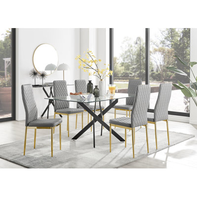 Ensemble de table de salle à manger en métal noir et verre avec 6 chaises rembourrées Lenworth