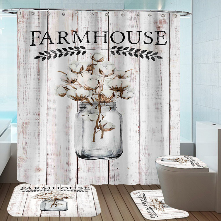 Herringbone Fabric Shower Curtain Farmhouse Waterproof Shower Curtain with  Hooks