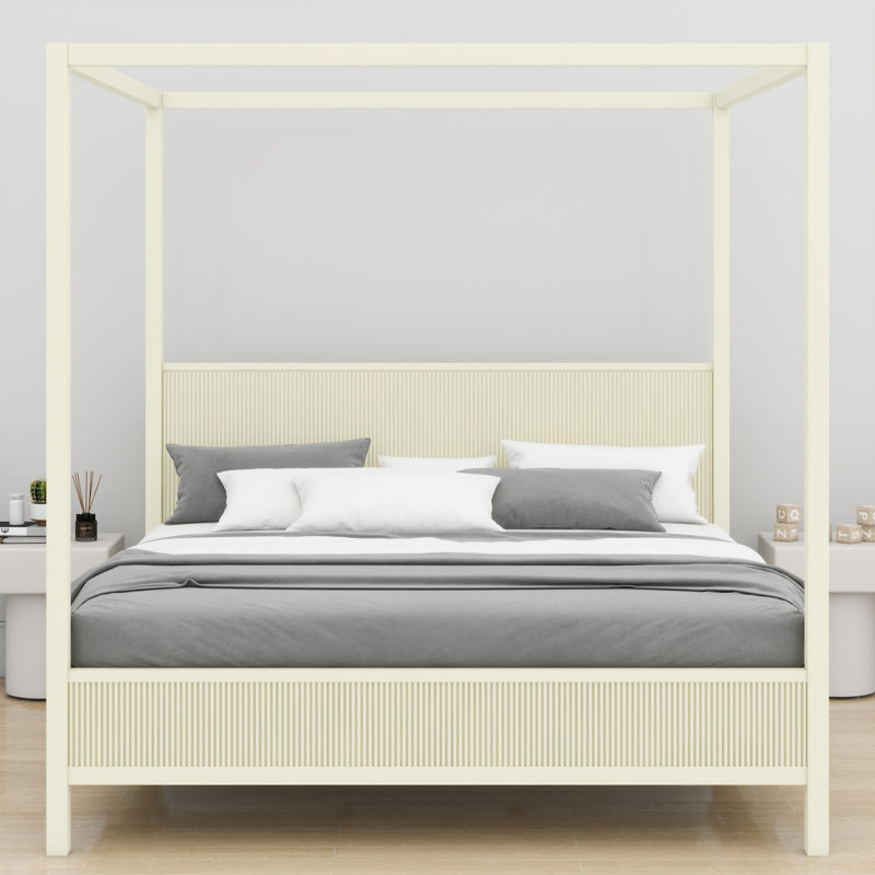 Lit plateforme à baldaquin en bois avec système de lattes de soutien, King, Beige