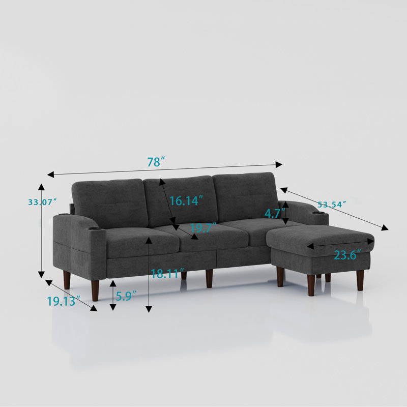 Canapé et méridienne rembourrés 2 pièces Geppie, Tissu gris foncé, H 31,8 po x l 78 po x P 42,73 po