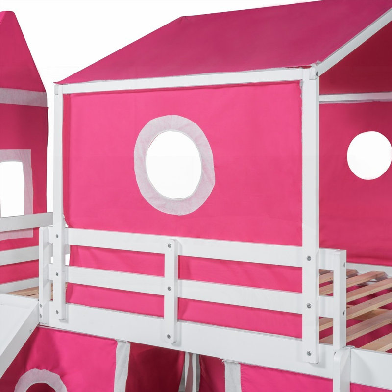 Structure de lit double avec glissoire et tour - Robuste et amp; Peu encombrant (bleu / rose), Lit double, Rose