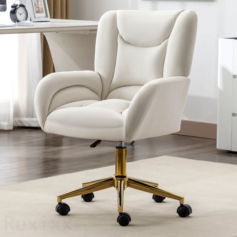 Ivory Velvet Fabric Office Chair, 360 Swivel Home Office Chair, With Gold Metal Base And Universal Wheels, Velvet - Ivory
