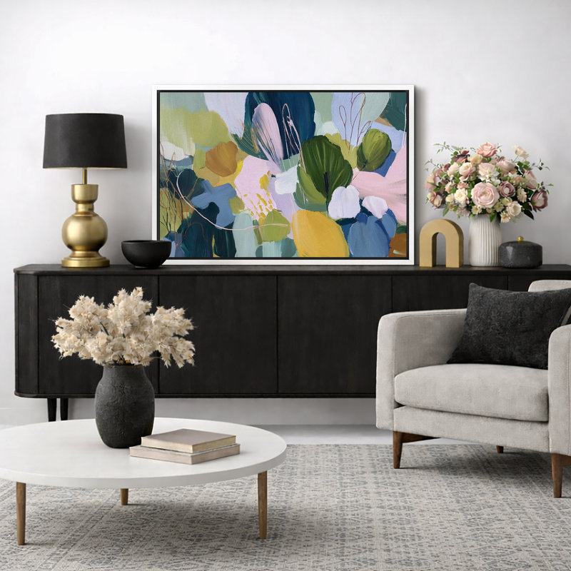 Œuvre botanique abstraite, photos de salon moderne et coloré, impression sur toile encadrée, Cadre blanc