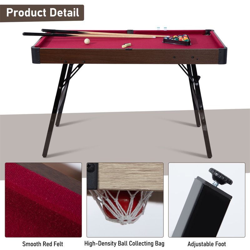 Portable Pool Table 48" Portable Pool Table, Foldable Billiard Table with 2 Cue Sticks, Balls, Triangle, Chalk, Brush, Red