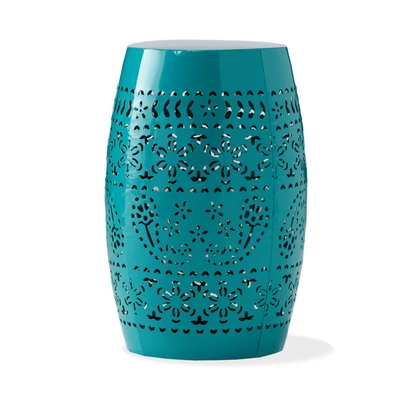 Outdoor Garden Stool Side Table, Lace-Cut 12 Inch Top, Teal Iron, Teal