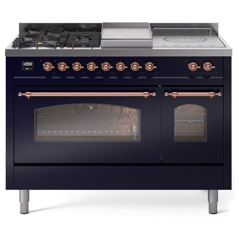 ILVE Nostalgie II Series 48 inch Dual Fuel Range with 5 Sealed Burners, Griddle, Frenchtop (Glass Door), Midnight Blue/Copper