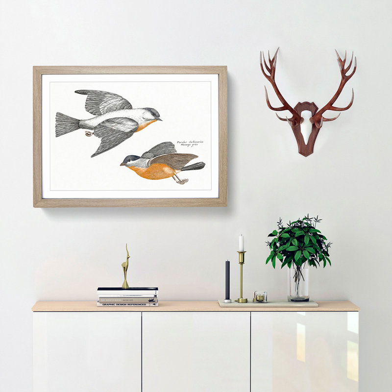 Grey Fluff Tits by Johan Teyler - Picture Frame Painting Print, Oak Framed, 36cm H x 48cm W x 2cm D