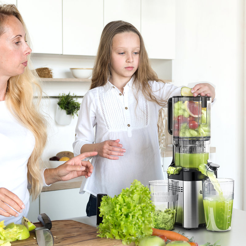 Extracteur de jus à pressage à froid AMZCHEF avec goulotte d'alimentation large de 5,2 po, extracteur de jus à mastication lente pour fruits et légumes entiers, conception en acier inoxydable, facile à nettoyer, rendement élevé en jus