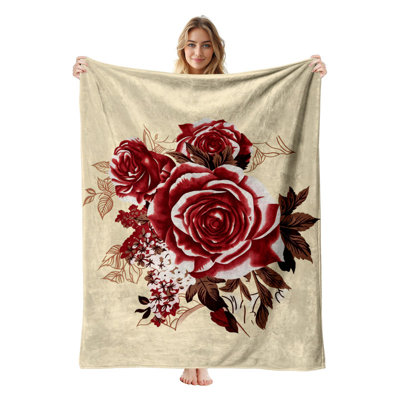 JYK Flannel Fleece Throw Blanket, Lightweight, Breathable, Soft Cozy Warm Plush Microfiber, 50"x60",  Red Roses Cream