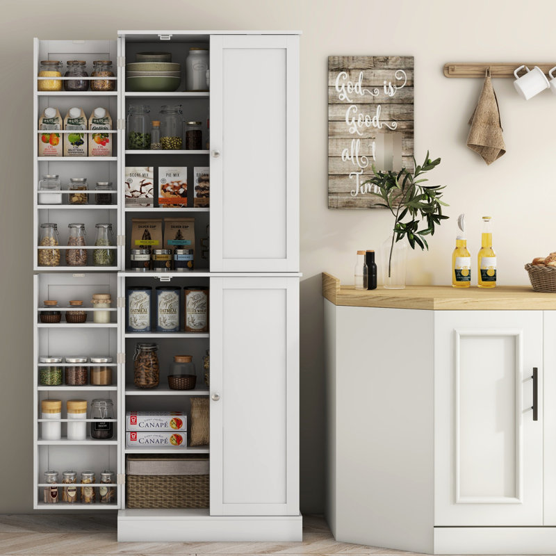 Garde-manger moderne de 65 po, armoire de rangement blanche avec portes et tablettes pour garde-manger